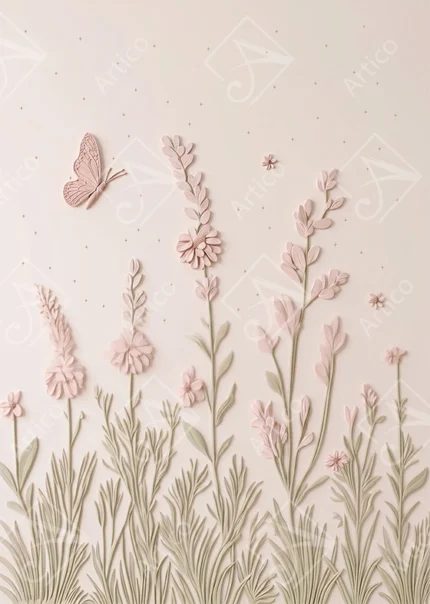 Articoo - Pastel Pink Wildflowers And Butterfly Embossed Relief Art - 896548