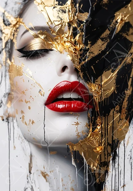 Articoo - Artistic Makeup With Red Lips And Gold Black Foil Splatter - 893334