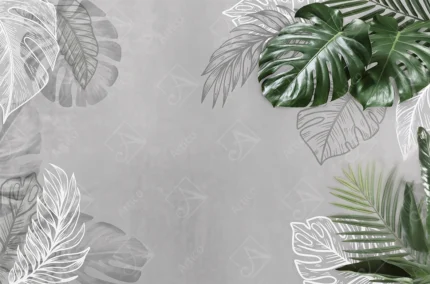 Articoo - Green And White Tropical Leaves On Grey Concrete Wall - 136782