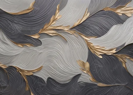 Articoo - 3D Abstract Textured Grey And Black Waves Gold Leaves - 643465