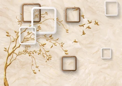 Articoo - Modern 3D Golden Tree With Birds And Square Frames - 236115