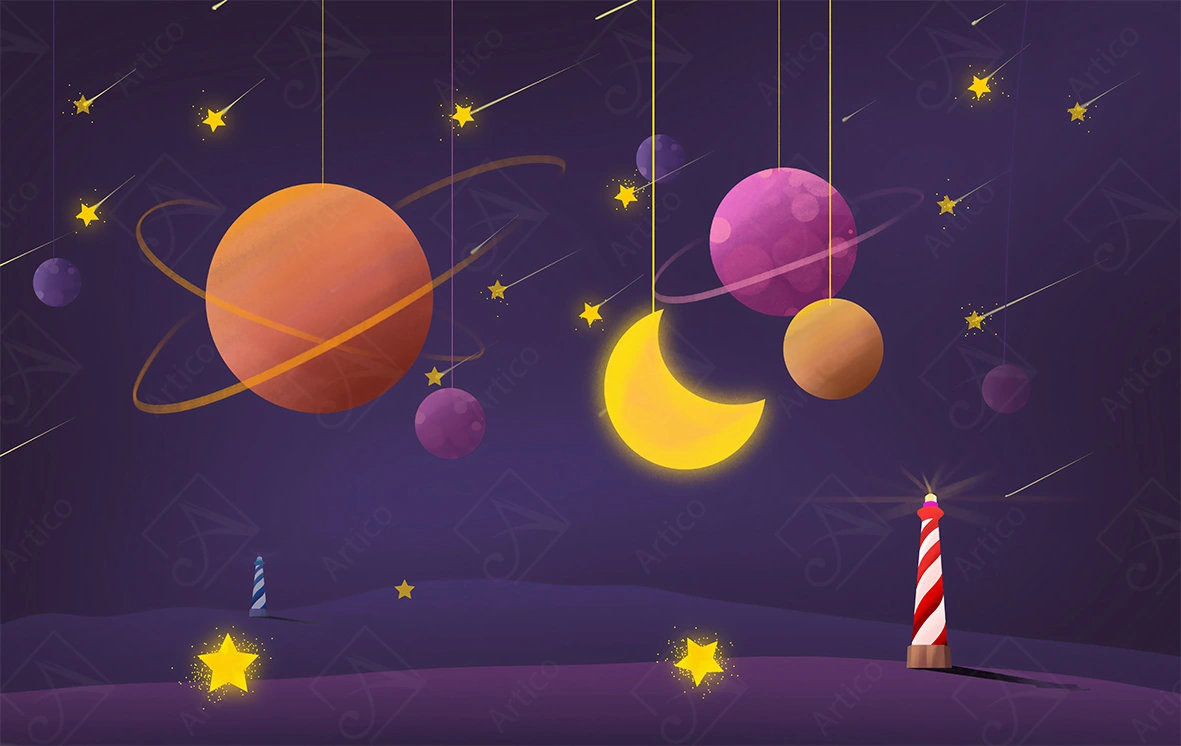Artico-0895 Articoo - Whimsical Space Nursery Wallpaper With Hanging Planets And Stars - 216119