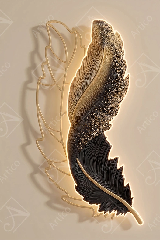 Articoo - Modern Black And Gold Glowing Feather Relief Wall Art - 112854