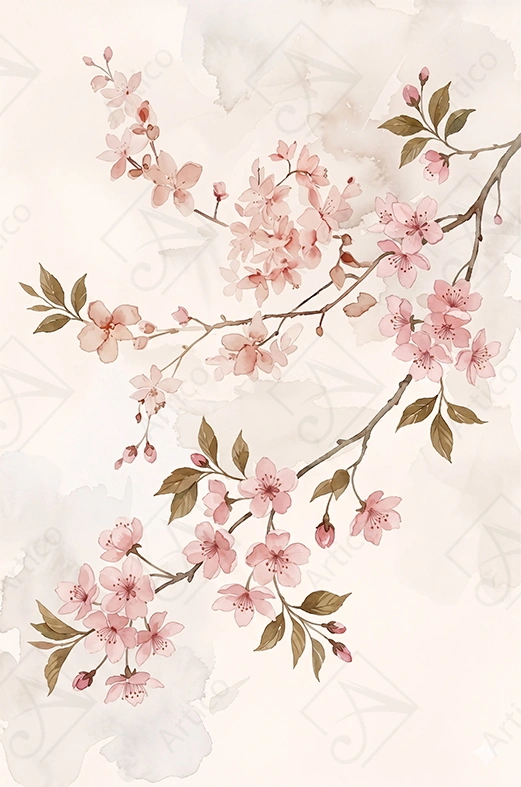 Articoo - Watercolor Pink Cherry Blossom Branches On Light Background - 527234