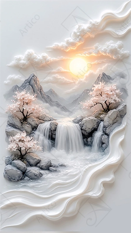 Articoo - 3D Embossed Relief Mountain Landscape With Waterfall And Cherry Blossoms - 914314