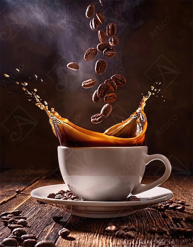 Articoo - Coffee beans fall and scatter into a white cup of coffee - 694421