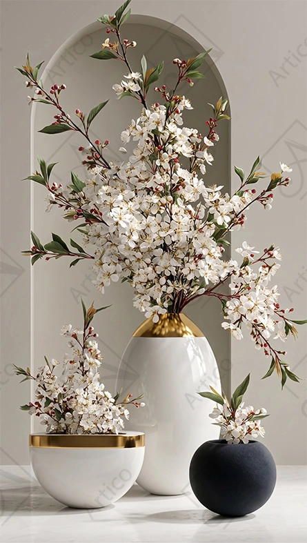 Articoo - White And Gold Vases With Blooming Spring Flower Branches - 648369