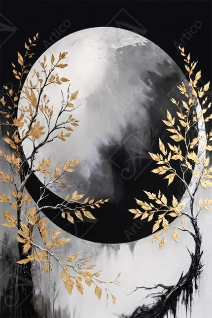 Articoo - Modern Abstract Gold Leaf Trees And Full Moon Wall Art - 123444