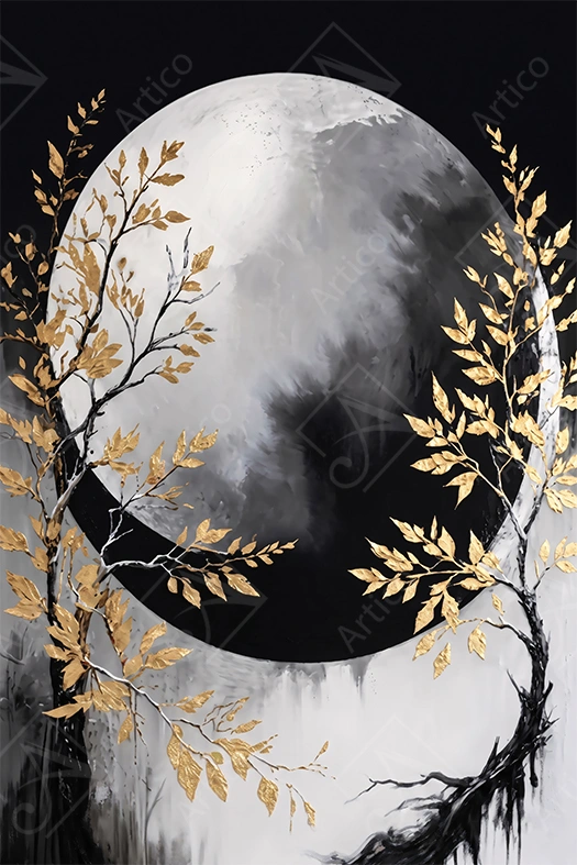 Articoo - Modern Abstract Gold Leaf Trees And Full Moon Wall Art - 123444
