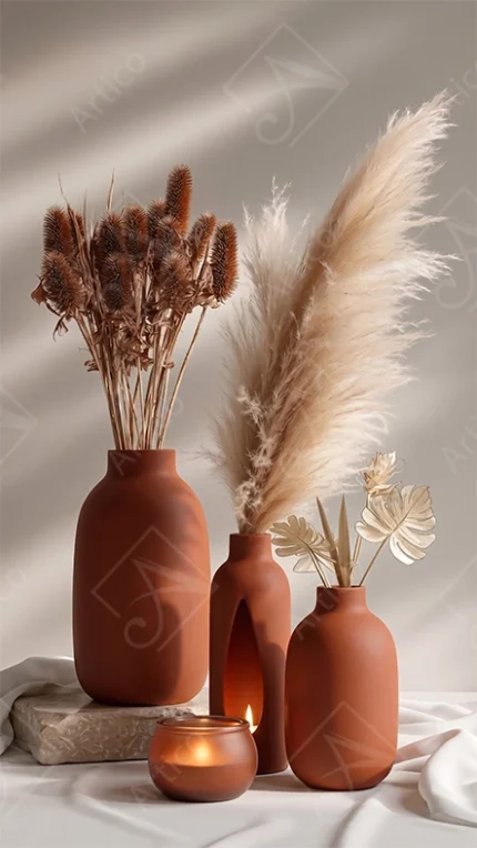 Articoo - Modern Terracotta Vases With Pampas Grass And Candles Decor - 626961