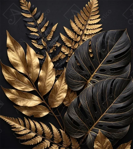 Articoo - Luxury Gold And Black Tropical Monstera And Fern Leaves - 786396
