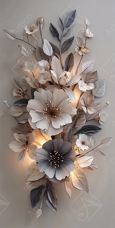Articoo - Elegant White And Grey 3D Relief Floral Wall Art - 528653