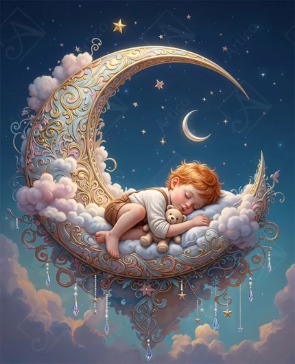 Articoo - Cute Little Boy Sleeping On Ornate Crescent Moon Art - 141597