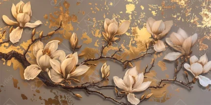 Articoo - Elegant White And Gold Magnolia Flowers Branch Wall Art - 363799