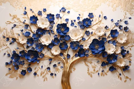Articoo - Luxury Gold Tree With Blue And White Flowers Wall Art - 749759
