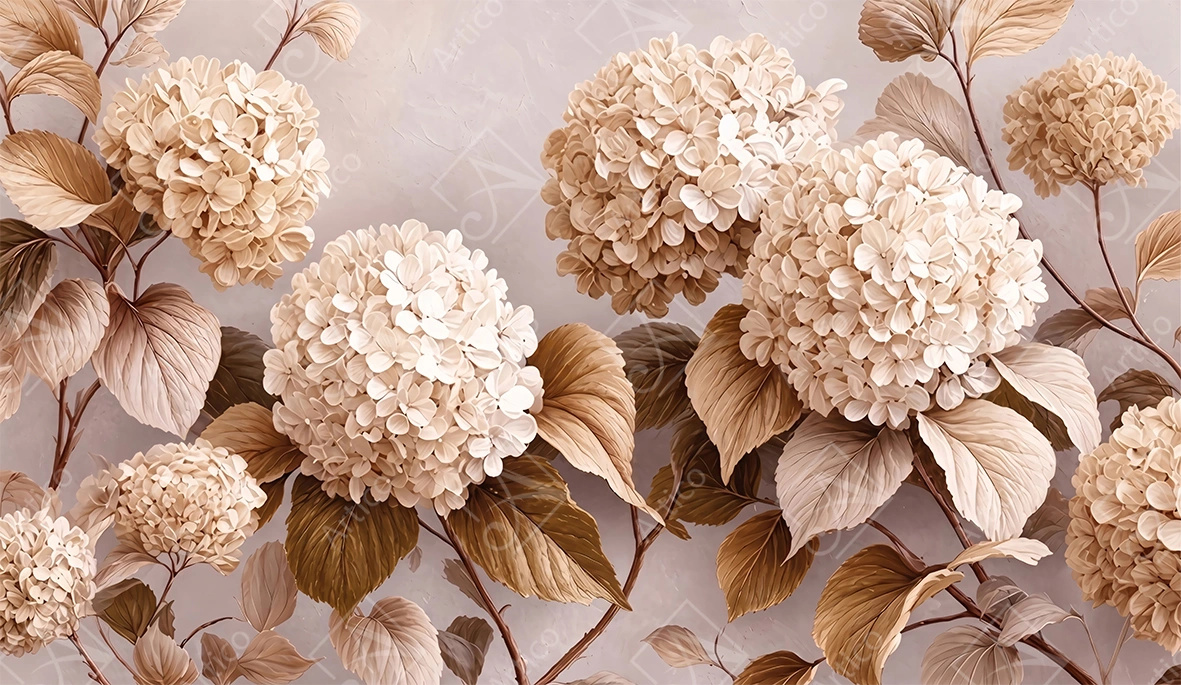 Articoo - Elegant Beige Hydrangea Flowers And Brown Leaves Botanical Composition - 452833