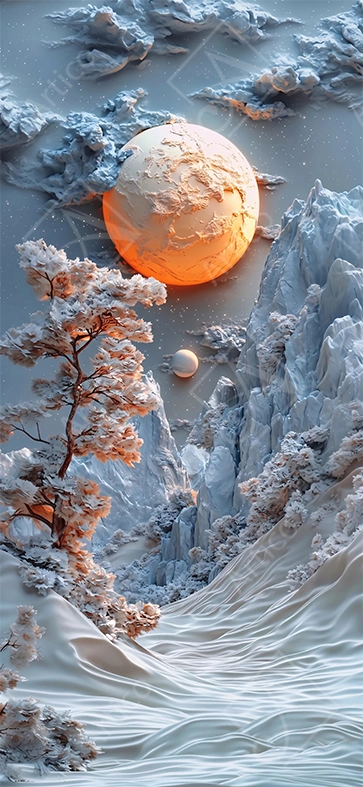 Articoo - Celestial Glowing Orange Moon Over Snowy Mountain Winter Landscape - 371753