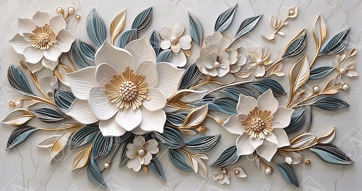 Articoo - Elegant White And Gold 3D Relief Floral Composition - 414476