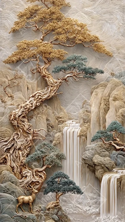 Articoo - Majestic 3D Relief Gold Tree And Waterfall Landscape - 451296
