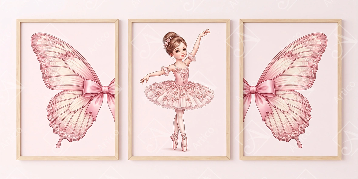 Articoo - Cute Pink Ballerina Girl With Butterfly Wings Triptych - 253551