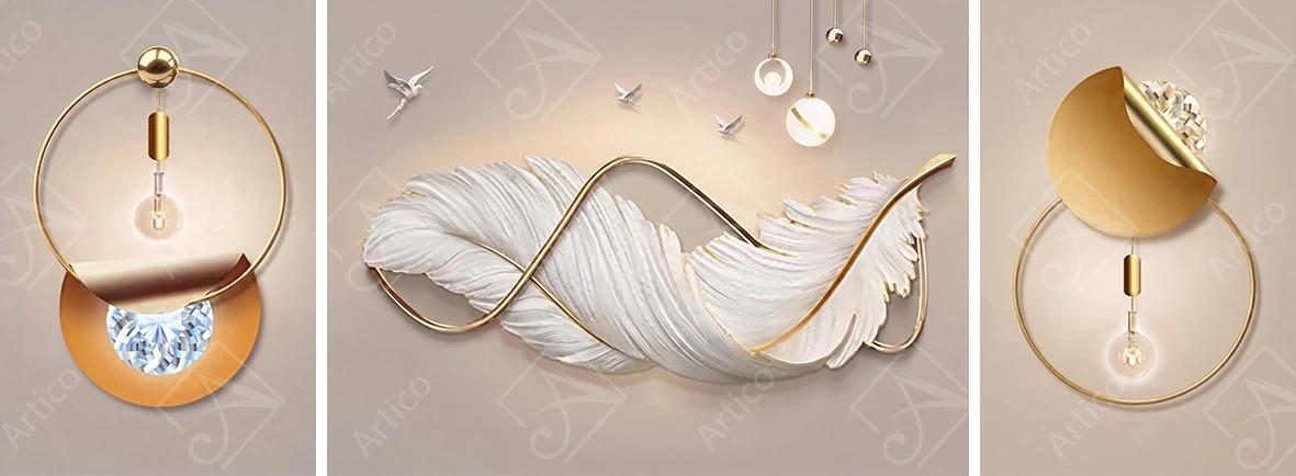 Articoo - Luxury 3D Relief White Feather And Gold Modern Triptych - 514188