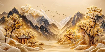 Articoo - Majestic 3D Relief Gold Mountain Landscape With Pagoda - 754542