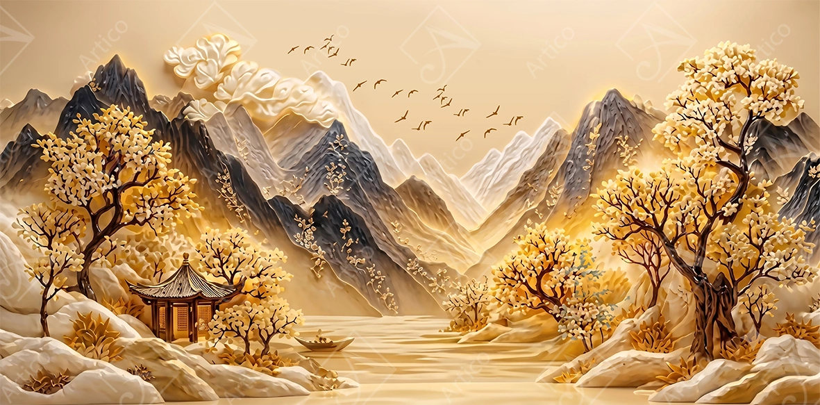 Articoo - Majestic 3D Relief Gold Mountain Landscape With Pagoda - 754542