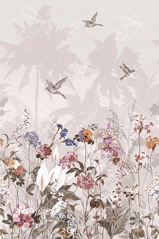 Articoo - Soft Botanical Meadow With Wildflowers And Hummingbirds - 566937