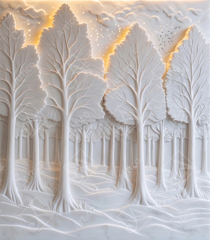 Articoo - Elegant 3D Relief White Marble Forest Landscape - 427741