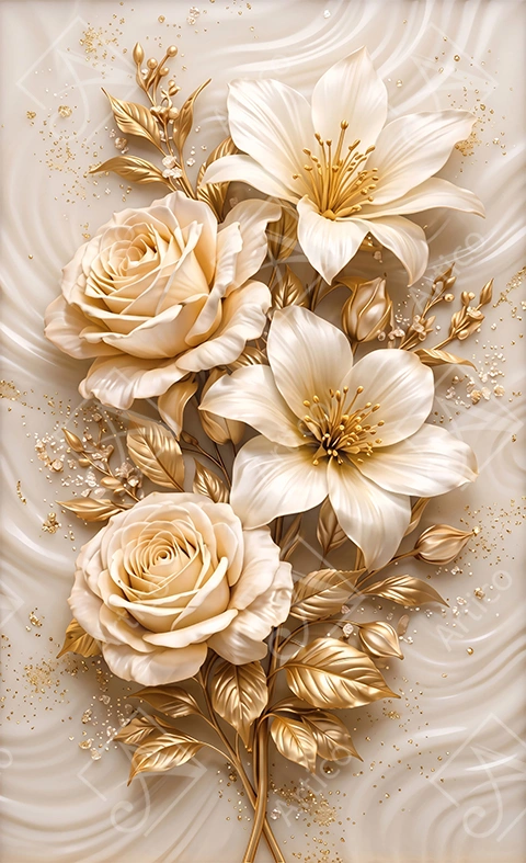 Articoo - Luxurious 3D Relief White Roses And Gold Floral Composition - 142154
