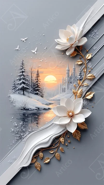 Articoo - 3D Relief Winter Castle Landscape With White Flowers - 343611