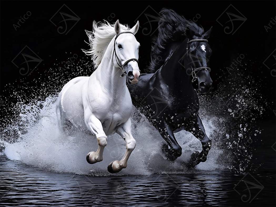Articoo - Majestic Black And White Horses Galloping Through Water Splashes - 158519