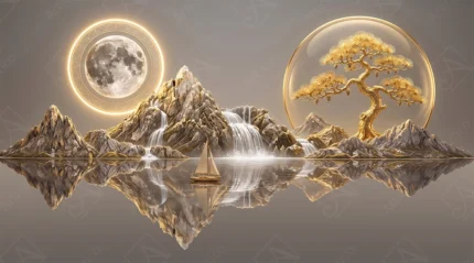 Articoo - Surreal Gold Mountains Bonsai And Moon Landscape Composition - 316919