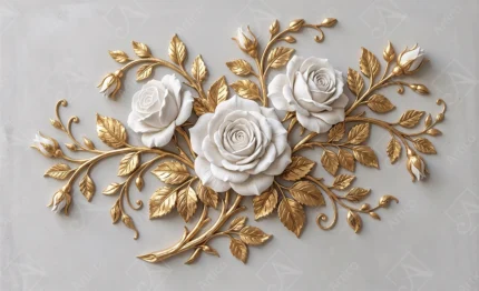 Articoo - Majestic Sculpted White Roses With Gleaming Gold Vines - 633691