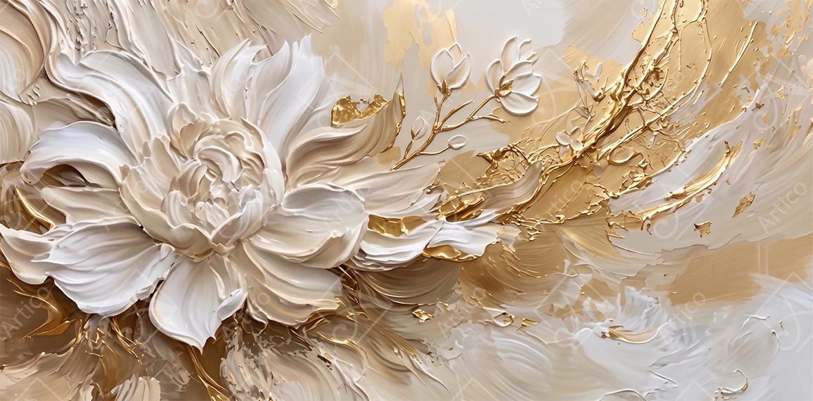 Articoo - Luxurious Impasto White Flower With Gleaming Gold Details - 215324