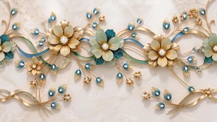 Articoo - Exquisite Gold And Teal Metallic Floral Marble Mural - 686864