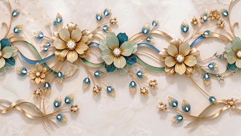 Articoo - Exquisite Gold And Teal Metallic Floral Marble Mural - 686864