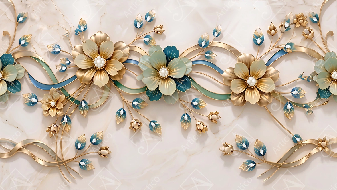 Articoo - Exquisite Gold And Teal Metallic Floral Marble Mural - 686864