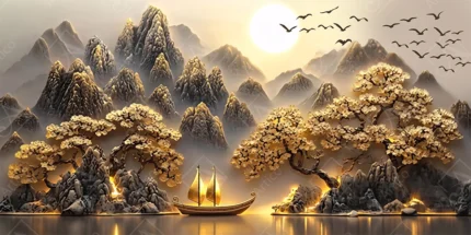Golden Mountain Horizon With Traditional Sailboat And Bonsai
