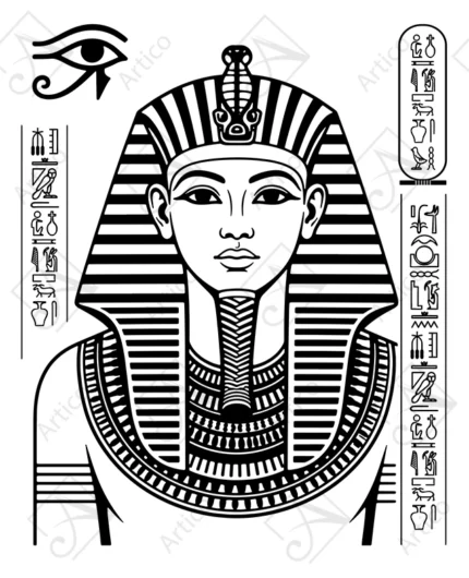 Pharaoh Tutankhamun Line Art With Ancient Hieroglyphs