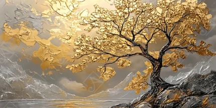 Textured Golden Tree Overlooking A Shimmering Mountain Lake
