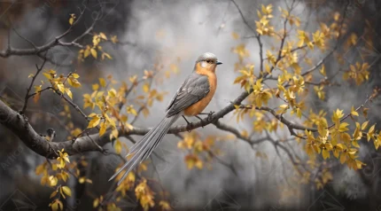 Graceful Long-Tailed Bird Resting Among Golden Autumn Foliage