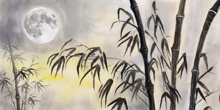 Articoo - Traditional Asian Ink Wash Bamboo Full Moon Painting - 884155
