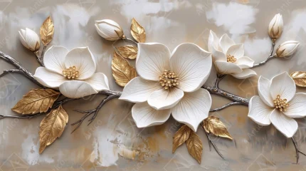 Sophisticated Sculpted White Magnolias With Gleaming Gold Leaves