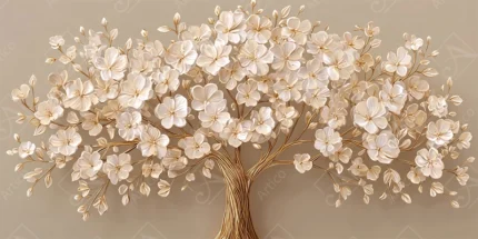 Splendid 3D Relief White Blossom Tree Golden Branches