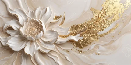Stunning Sculpted White Floral Relief With Golden Brushstrokes