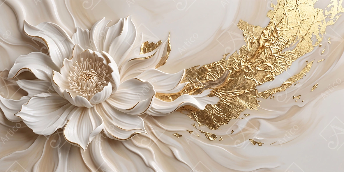 Artico-0973 Stunning Sculpted White Floral Relief With Golden Brushstrokes