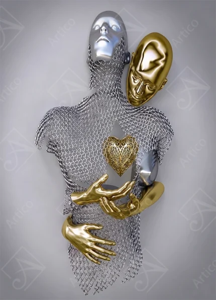 Surreal Metallic Couple Sculpture With Glowing Golden Heart