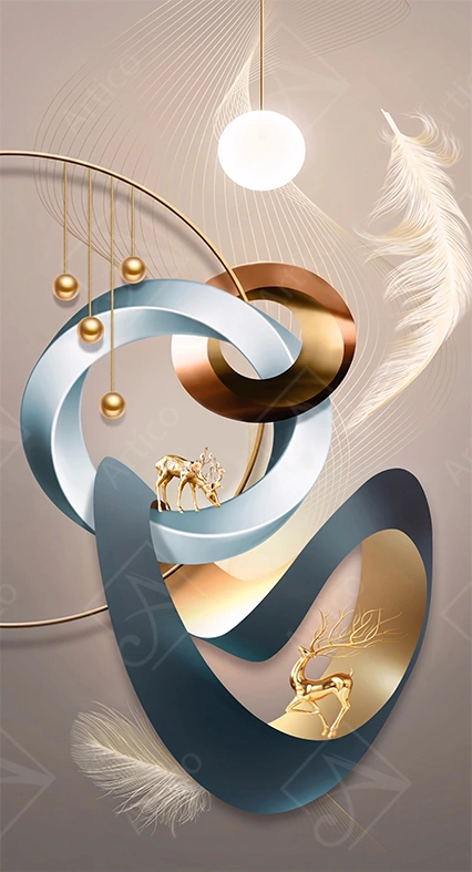 Luxurious Abstract 3D Geometric Loops And Golden Deers