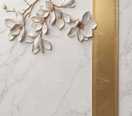 Sculpted White Magnolia Flowers On Marble Background Panel
